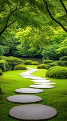Naklejka premium Tranquil Stone Path Through Lush Green Garden