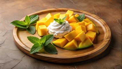Ripe yellow mango slices and dollops of whipped cream adorn a rustic wooden platter, surrounded by fresh mint leaves and a warm beige background.