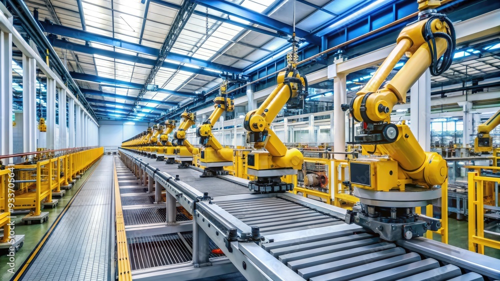 Poster robotic arms and conveyor belts synchronize in a state-of-the-art factory, assembling precision part