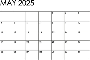 May 2025 month calendar. Simple black and white design