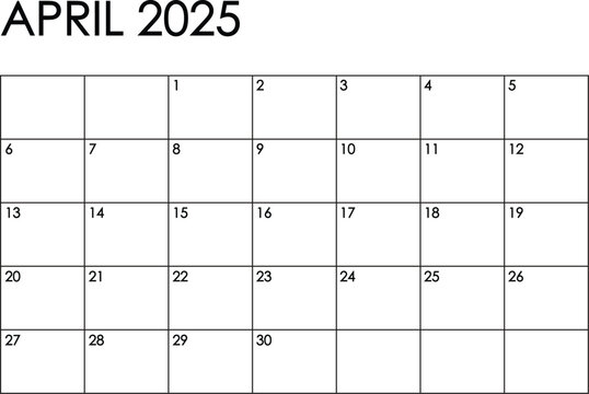 April 2025 month calendar. Simple black and white design
