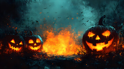 Fototapeta premium Halloween pumpkins at night with flames in grunge style giving a mysterious feeling.