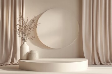 Minimalist Interior Design with a Round Platform and Dried Flowers