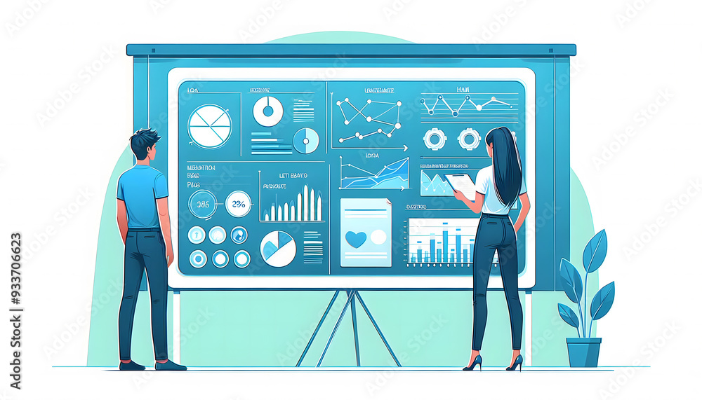 Poster a person stands in front of a presentation board with various chart and graphs for business analysis