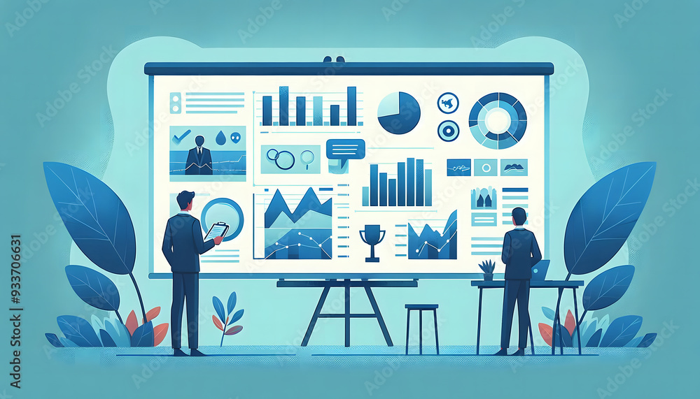 Poster a person stands in front of a presentation board with various chart and graphs for business analysis