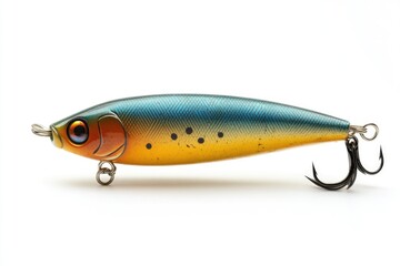 A blue and yellow fishing lure. Perfect for your fishing advertisement, website, or social media.