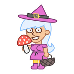 Witch holds fly agaric mushroom and smiles
