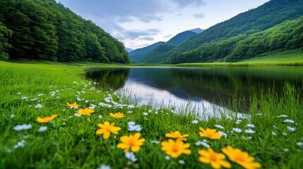 Tranquil Mountain Lake with Blooming Wildflowers