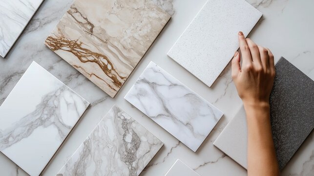 Luxurious material samples for interior design, marble textures, high-end surfaces, architectural materials, elegant stone finishes, hand selecting tiles, premium quality