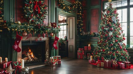Traditional Christmas background, classic red and green decorations, holly and ivy, roaring fireplace, and a decorated tree, [Christmas background], [traditional holiday]