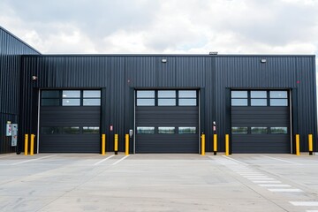 Modern black garage with three large doors and safety bollards on a cloudy day, ideal for industrial or commercial use.