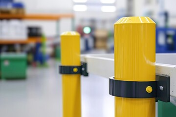 Close-up of yellow safety barriers in a warehouse, ensuring protection and visibility in industrial environments.