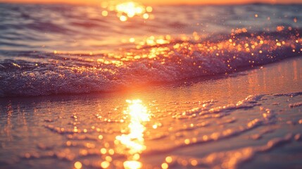 Sunset dramatic image of ocean river sea waves in the ocean. Soft focus of surface close up water river in warm tone. Reflection of sunset or sunrise ripples of water.