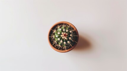 Small cactus plant growing in a terracotta pot on a white background
