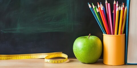 There's a green apple, a measuring tape, a stack of books, and a container of colored pencils in front of a chalkboard.