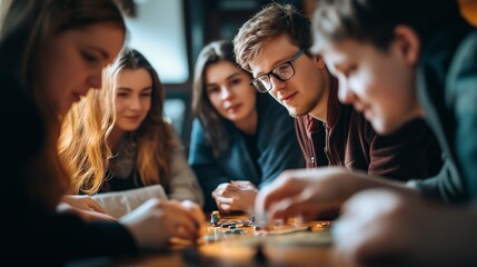 Group of diverse children playing board game together, focused and engaged, in a cozy indoor setting.