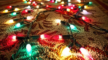 Bright Christmas lights forming a pattern on a carpeted floor, vibrant holiday spirit, [Christmas lights], [decorative pattern]