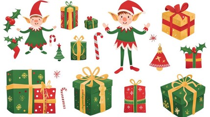 Christmas elves and gifts, joyful elements, cartoon style, isolated on white background