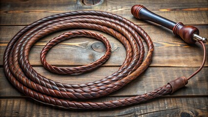 Rugged leather whip coiled and ready for action, with intricate stitching and worn patina, exudes a sense of rugged power and timeless elegance.