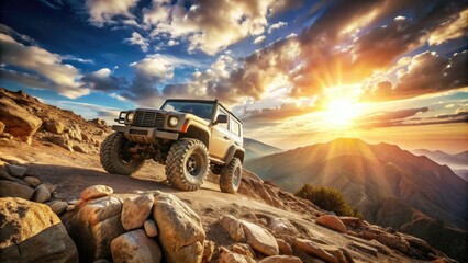 Rugged off-road vehicle with oversized tires and suspension navigates steep, rocky terrain, showcasing its remarkable crawling capabilities in a dramatic, sun-drenched landscape.