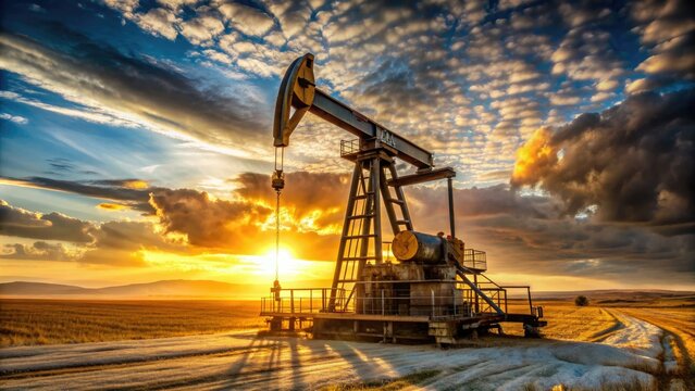 Rugged oil drilling rig stands tall in a vast, sun-kissed landscape, with pipes and machinery humming in the pursuit of black gold.