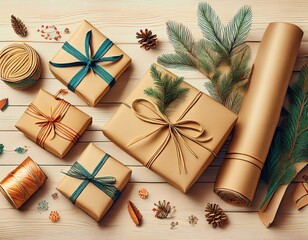 Geschenkpapier, Geschenke, auf einem hellen Holztisch