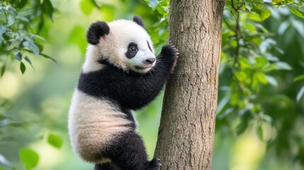 Obraz premium Adorable Panda Cub Climbing a Tree