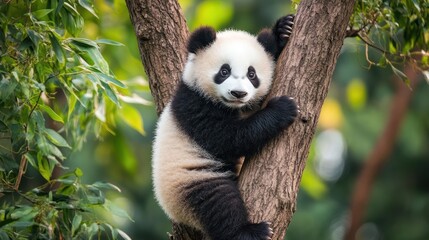 Adorable Panda Cub Climbing Tree