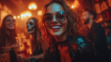 A group of friends dressed up in creative costumes, enjoying a Halloween party with spooky decorations and fun activities.