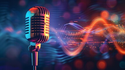Microphone with waveform on blue background, broadcasting or podcasting banner. 