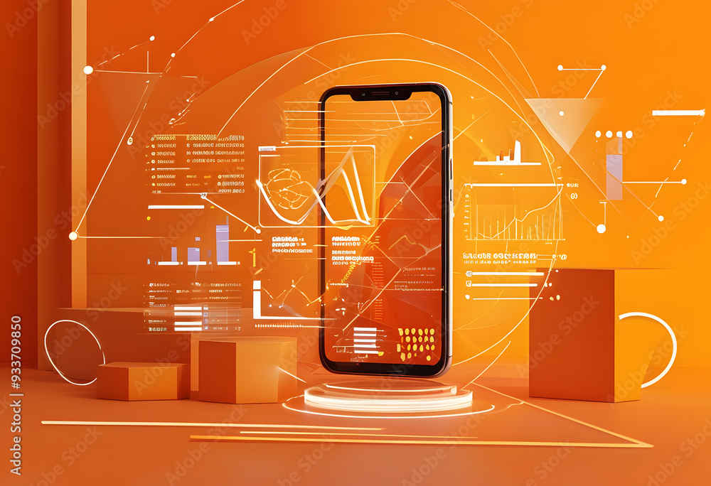 Poster bright orange background with abstract geometric shapes and a smartphone showing a chart.