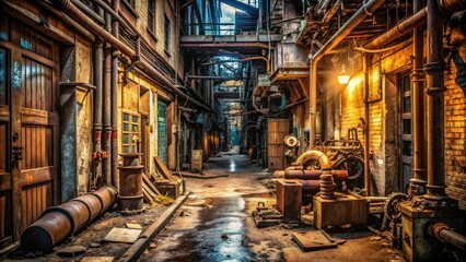 Rusted metal pipes and worn machinery parts clutter a dimly lit, gritty industrial alleyway, hampering passage and evoking a sense of neglect and decay.