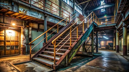 Fototapeta premium Rusted metal stairs with worn handrails ascend to a dimly lit elevated platform in a rundown industrial warehouse with peeling paint and exposed pipes.