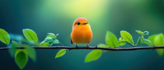 Tiny Bird on Branch with Green Leaves