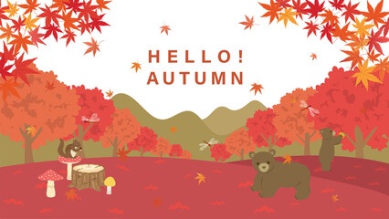 秋の動物たちがいる森の風景（フルHD 16:9サイズ）