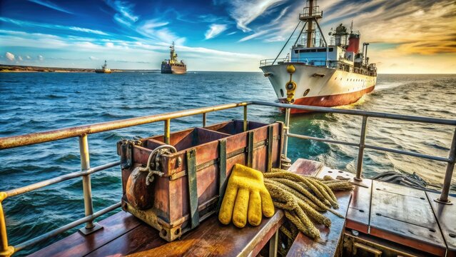 Rustic cargo vessel at sea, crane and containers on deck, sailor's gloves and toolbox lying on metal railing, industrial nautical work in progress.