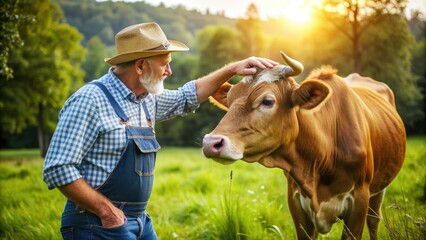 Rustic farmer, dressed in worn denim, gently pats the head of a calm brown cow in a sun-drenched green meadow with trees in the background.