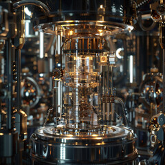 Futuristic quantum computing system with glowing circuits, complex connections, and data flows. Advanced technology visualization, representing quantum mechanics and high-performance computation.