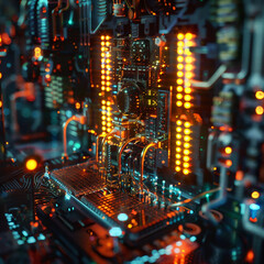 Futuristic quantum computing system with glowing circuits, complex connections, and data flows. Advanced technology visualization, representing quantum mechanics and high-performance computation.