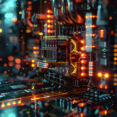 Futuristic quantum computing system with glowing circuits, complex connections, and data flows. Advanced technology visualization, representing quantum mechanics and high-performance computation.