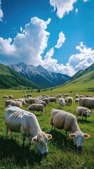 Obraz premium A group of cows and sheep graze on the grassland with a blue sky in summer and wide-angle shots. The vast green landscape features mountains under bright sunshine