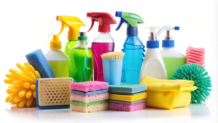 A variety of cleaning supplies including sponges, brushes, spray bottles