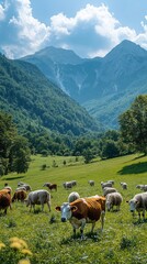 Naklejka premium A group of cows and sheep graze on the grassland with a blue sky in summer and wide-angle shots. The vast green landscape features mountains under bright sunshine