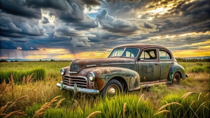 Naklejka premium Rustic, vintage sedan with faded paint and worn tires, surrounded by overgrown weeds, sitting in a deserted, rural field under a cloudy sky.