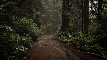 Obraz premium Forest path photo , Raining in forest , Serene forest scene , Peaceful forest photography