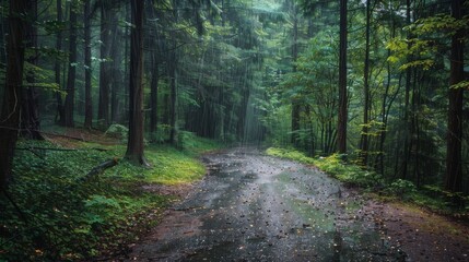 Obraz premium Forest path photo , Raining in forest , Serene forest scene , Peaceful forest photography
