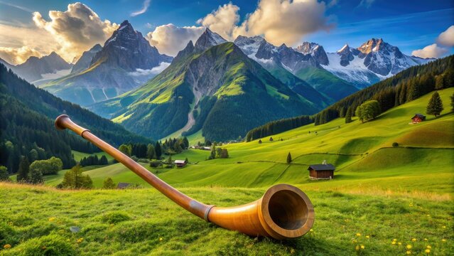 Rustic wooden alphorn resting on a lush green mountain meadow, surrounded by majestic Alps, epitomizing traditional Swiss culture and serene natural beauty.