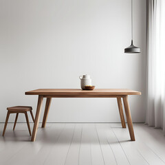 Decoração minimalista com mesa de madeira.