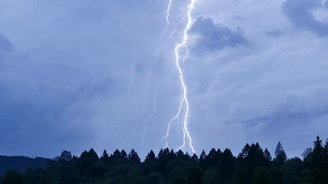 Thunderstorms and lightning illuminate the night sky over a forest landscape
