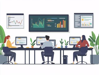 Innovative Tech Startup Office Space with Employees Collaborating and Digital Growth Chart